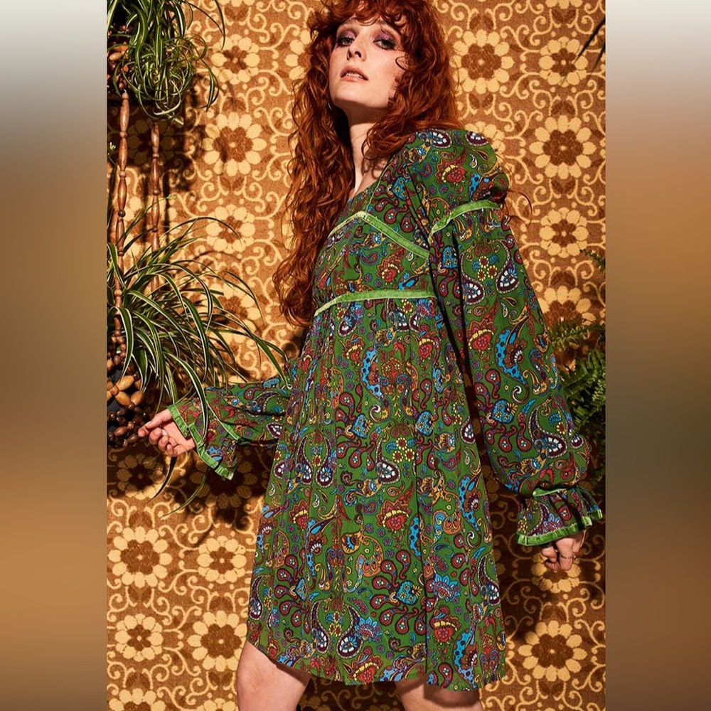Velvet dress paisley green Hippie Shake Tiny Dancer 14 60’s rock UK boho chic